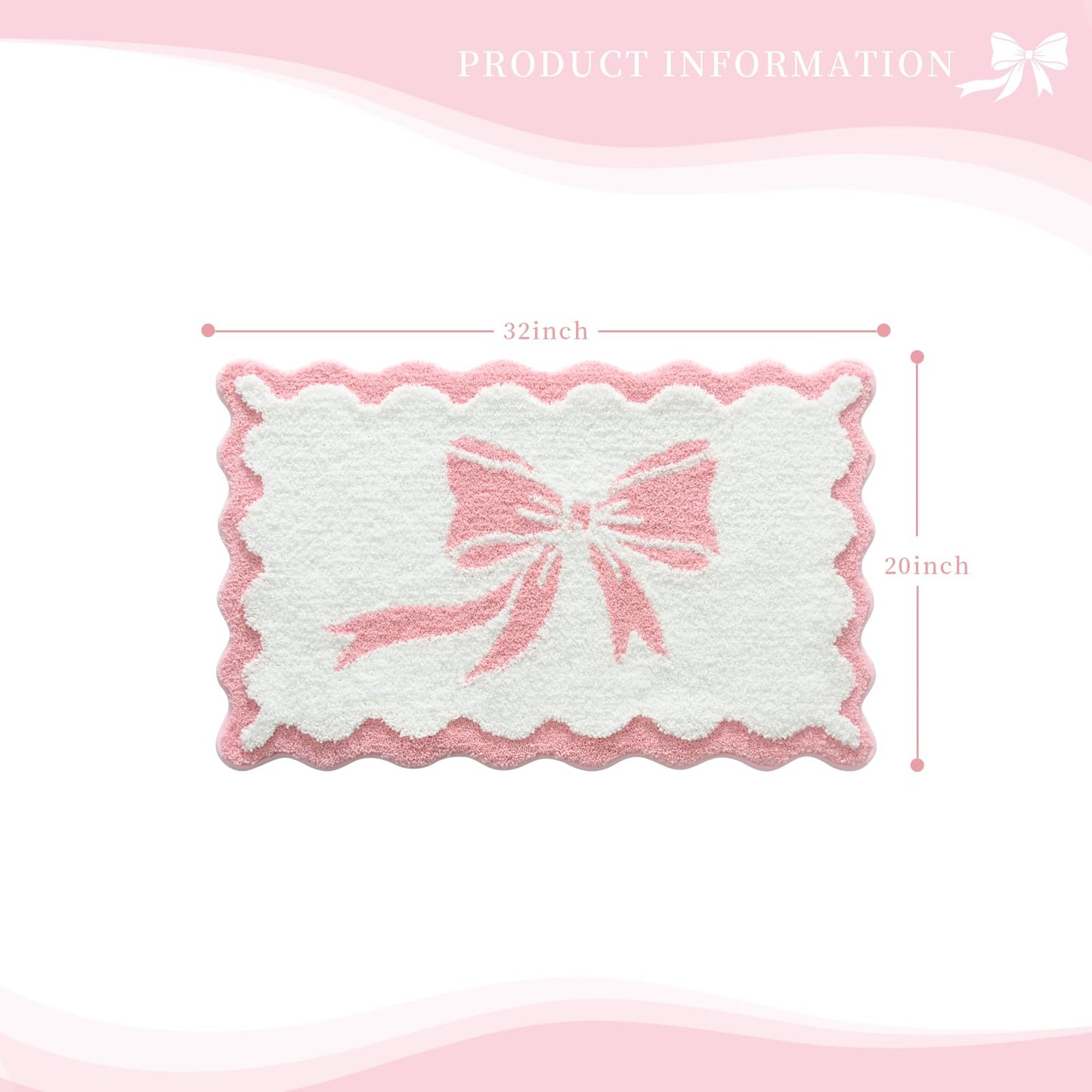 Anybar Bow Bath Mat Pink White Bathroom Rug Cute Scalloped Rugs Non Slip Floor Carpet Microfiber Bathmat Soft Super Absorbent Machine Washable Bathmat for Shower Scallop Bathroom Mats（20x32 inch）