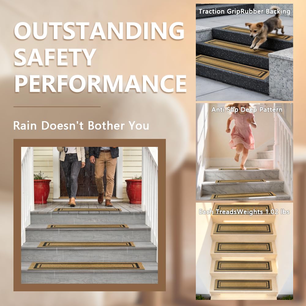 Outdoor Stair Treads for Wooden Steps, Non-Slip Rubber Brown Stair Runner Rugs, 2 Pcs 8.5" x 30" Heavy Duty Stair Mats for Outside Steps, Weatherproof Grip for Elders, Dogs & Kids, Black Border.