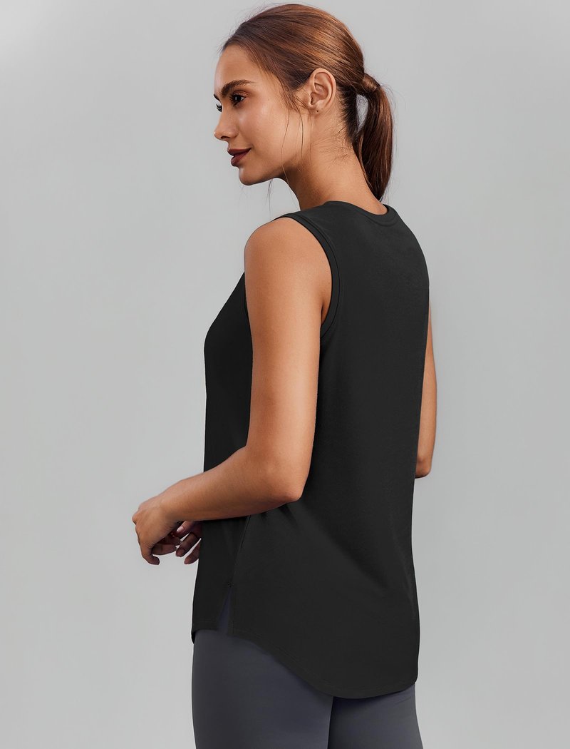 PINSPARK Womens Workout Tank Tops Sun Protection Athletic Tennis Top Crew Neck Running Tops Sleeveless Yoga Muscle Tank Hip Length Gym Shirts Loose Fit, Black Medium
