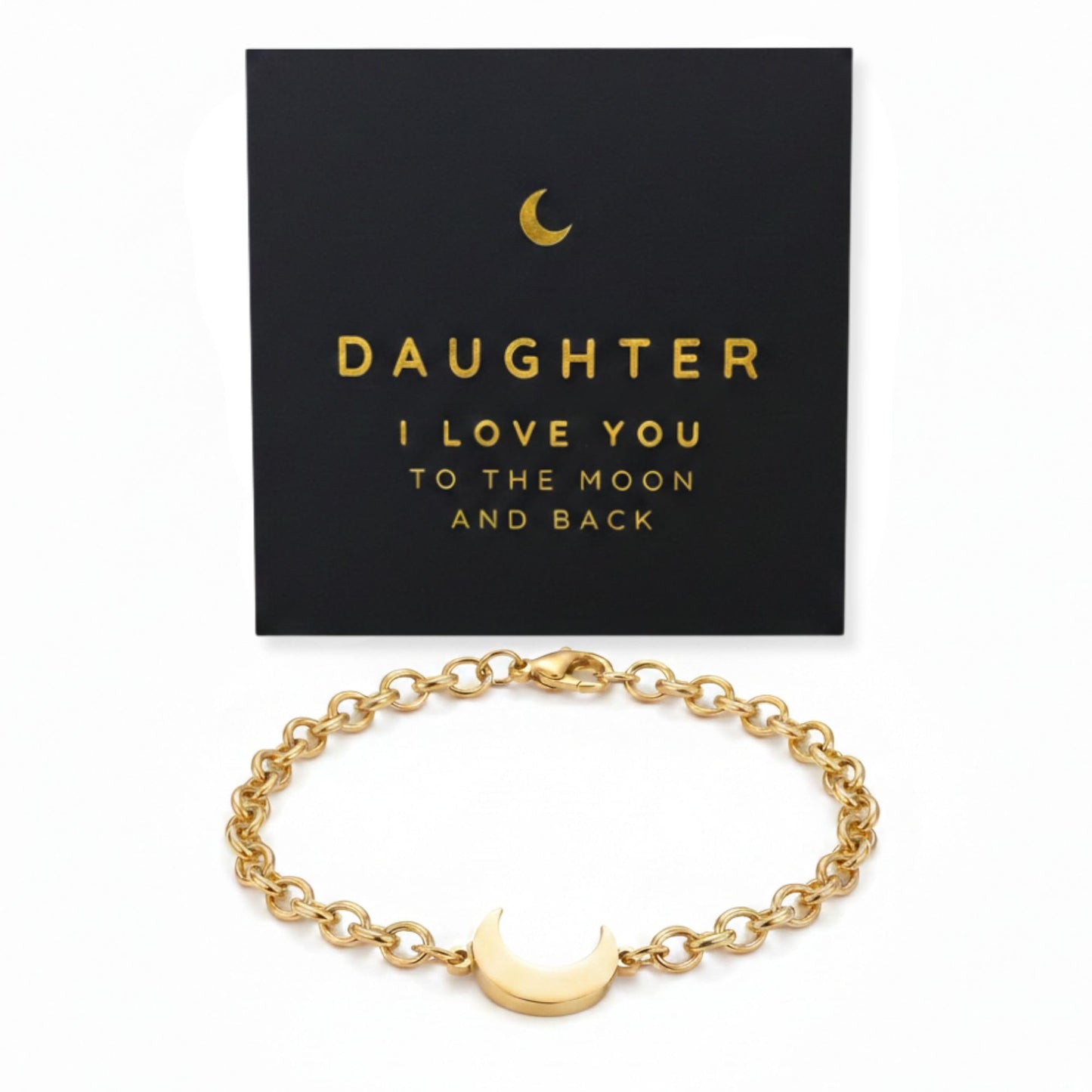Studio Rockwood Gold Moon Bracelet for Daughter - I Love You Gift Box with Card - Hypoallergenic Stainless Steel - Birthday, Graduation, Valentine's Day, Mother's Day, Minimalist