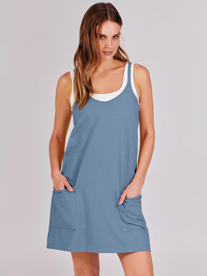 ANRABESS Women Athletic Dress Summer Tennis Workout Active Sports Mini Romper Dress Built in Shorts Travel Vacation Clothes Blue Small