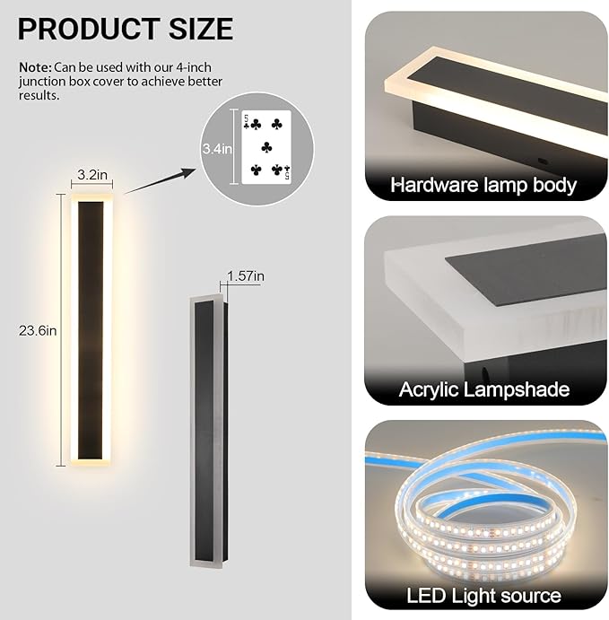 24 Inch Modern Wall Lights Outdoor, 2 PCS Outdoor Wall Sconce Dimmable 3000K-6000K IP65 Waterproof Exterior Long Wall Light for Doorway Porch Stairway Patio