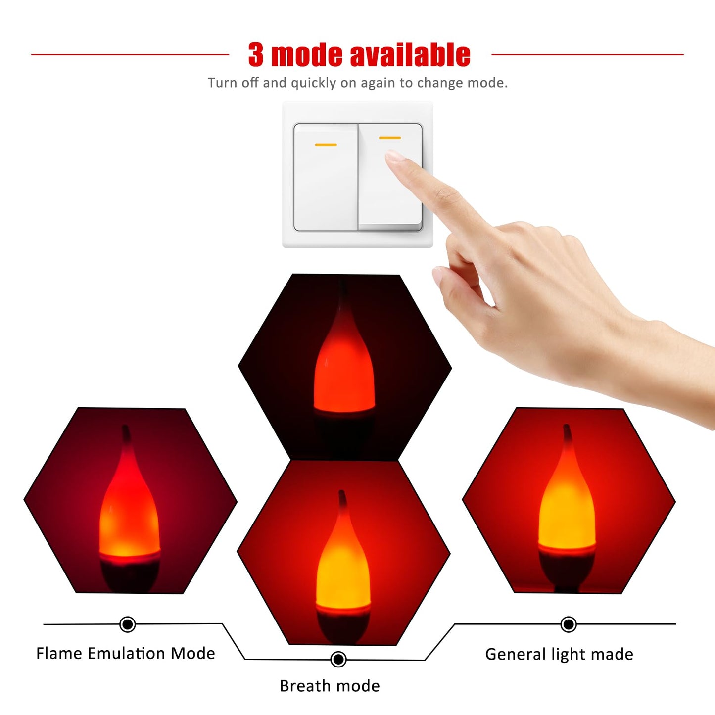 Bestview LED Flame Effect Light Bulbs,3 Modes Flickering Light Bulbs, Smart E12 Chandelier Base Candle Fire Light Bulb for Halloween, Christmas, Porch Indoor&Outdoor Home Decoration -6 Pack(Red)