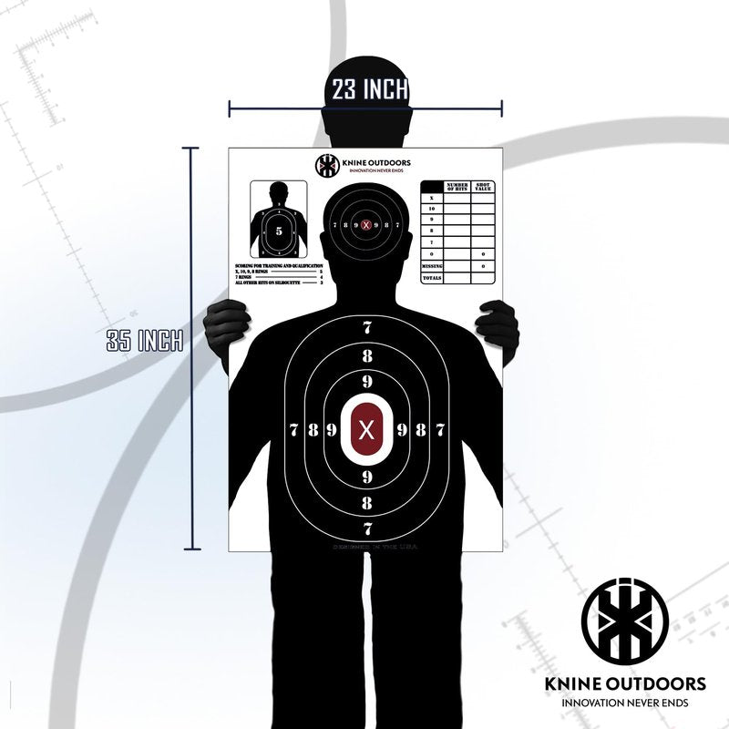 KNINE OUTDOORS Shooting Targets Paper, 23 x35 inch, Bulk for Hunting, Handguns, Pistols, Rifles, Silhouette with Red Bullseye, Black Design (25 Pack)