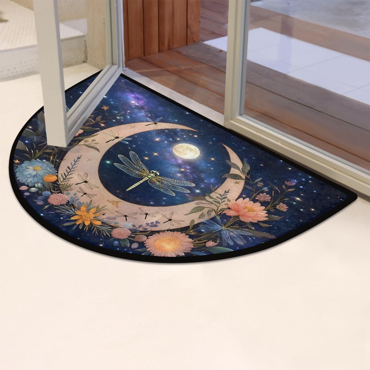 Half Circle Door Mat - Washable Non-Slip Moon Dragonfly Half Round Entryway Area Rug - Absorbent Cute Carpet Semicircular Rug for Indoor Kitchen Laundry Room Bedroom Bathroom, 36"x24"