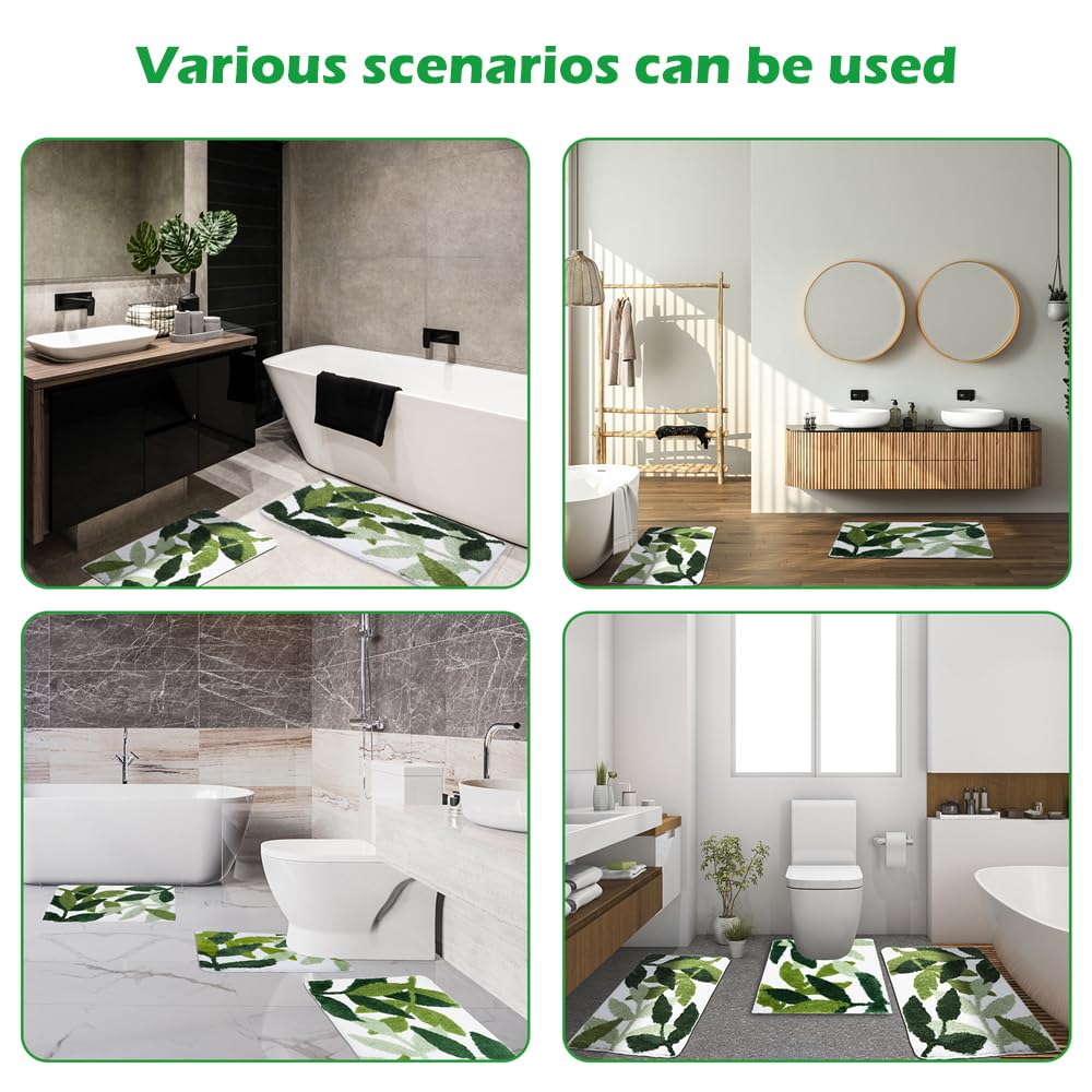 Baahrnom Tufted Toilet Rug 24" x 20" Green Toilet Rugs U Shaped Machine Washable Cute Leaves Toilet Bath Mat Soft Non Slip
