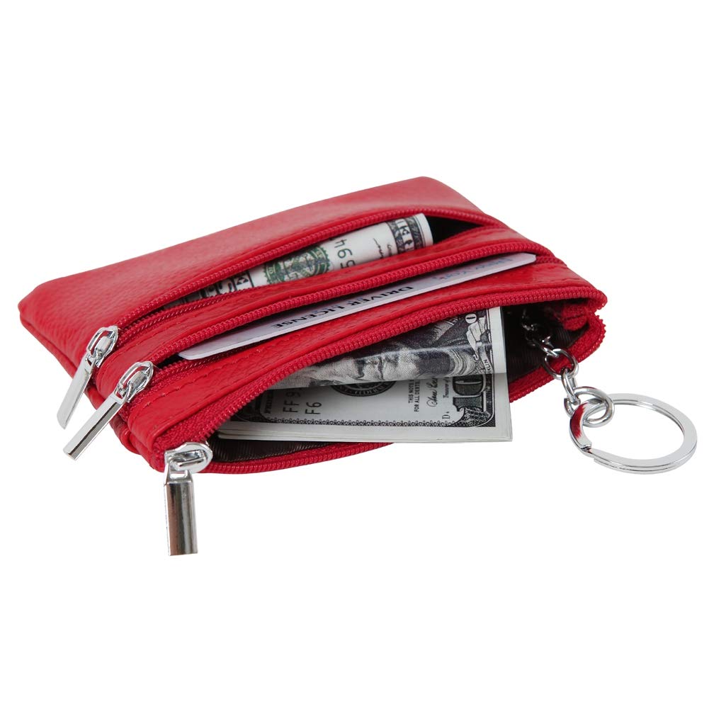 Women's Genuine Leather Coin Purse Mini Pouch Change Wallet with Keychain,red