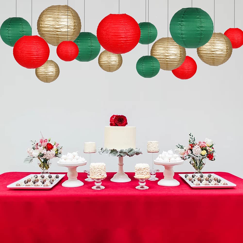 zilue Paper Lanterns Decorative, Round Hanging Paper Lanterns Decorations for Christmas Graduation Anniversary Birthday Party Supplies Green/Red/Gold 15pcs