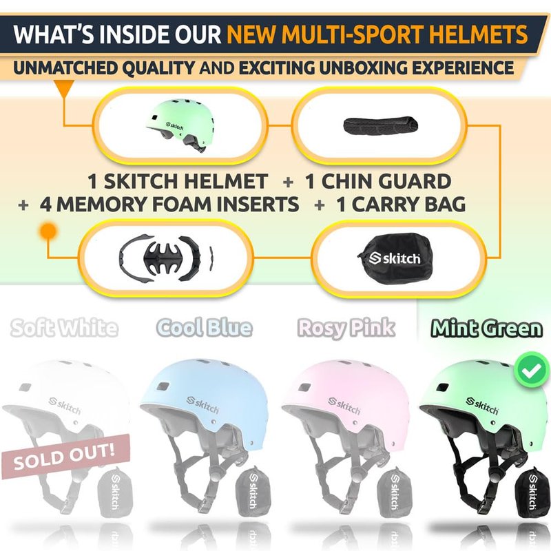 SKITCH Skateboard Helmet for Kids Teens with Premium Memory Foam Padding | Triple Certified Adjustable Protective Sport Head Gear Scooter Roller Skate Inline Skating Rollerblading | Mint Green (S)