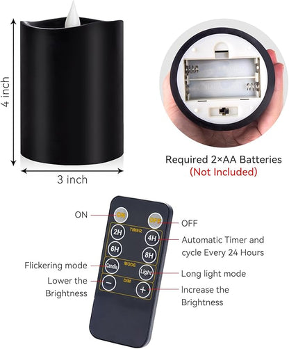 Black Flameless LED Candles - 3" x 4" Real Wax, Battery Operated with Remote Timer, 3D Flickering, Lasts 600+ Hours, Halloween & Christmas Deco (Black, 3"*4"-1pcs)