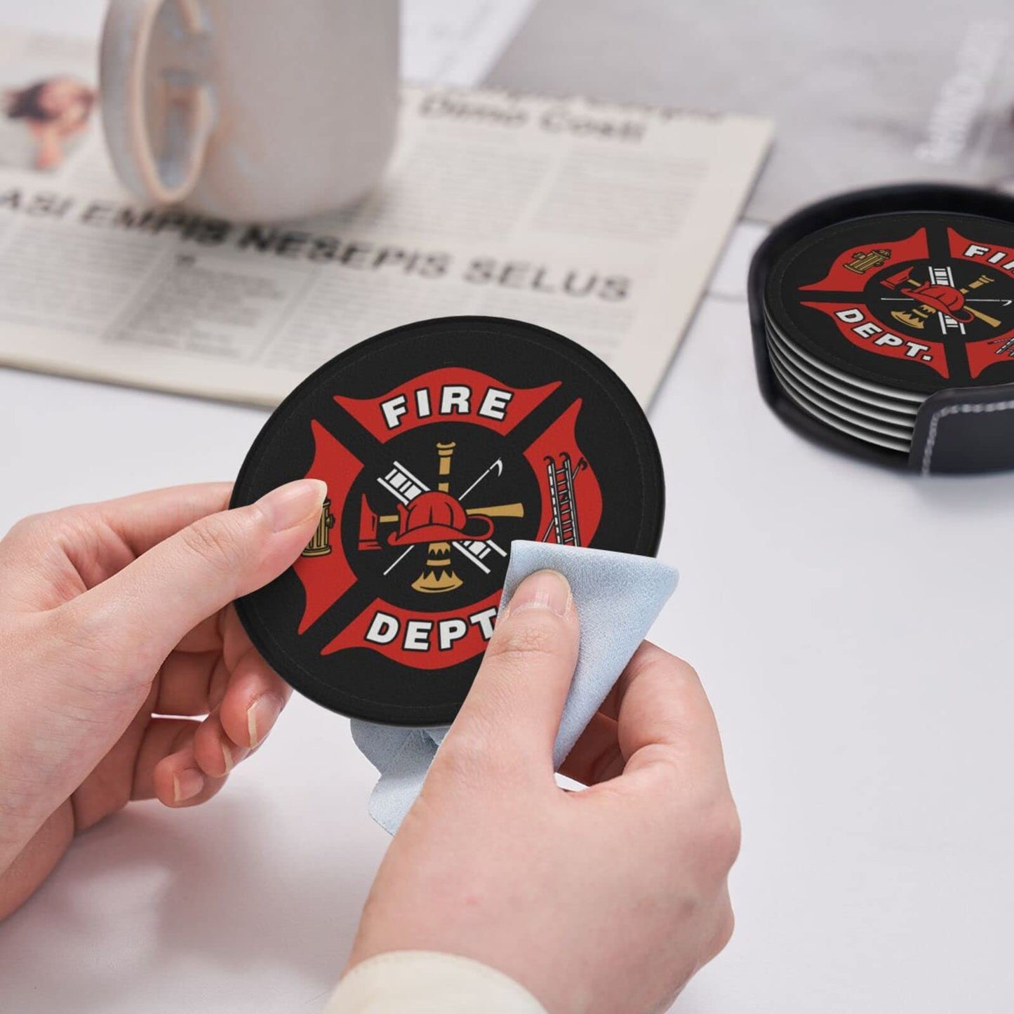SEPTYK Firefighter Fire DEPT. Logo Rescue Pattern Coasters for Drinks with Holder Set of 6 Leather Round 4" for Home Kitchen Decor Coffee Cup Housewarming