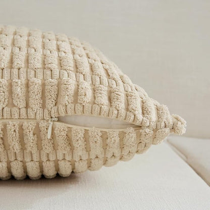 Fancy Homi Tan Lumbar Decorative Throw Pillow Covers 12x24 Inch for Living Room Couch Bed Sofa, Rustic Farmhouse Boho Home Decor, Soft Striped Corduroy Rectangle Cushion Case 30x60 cm
