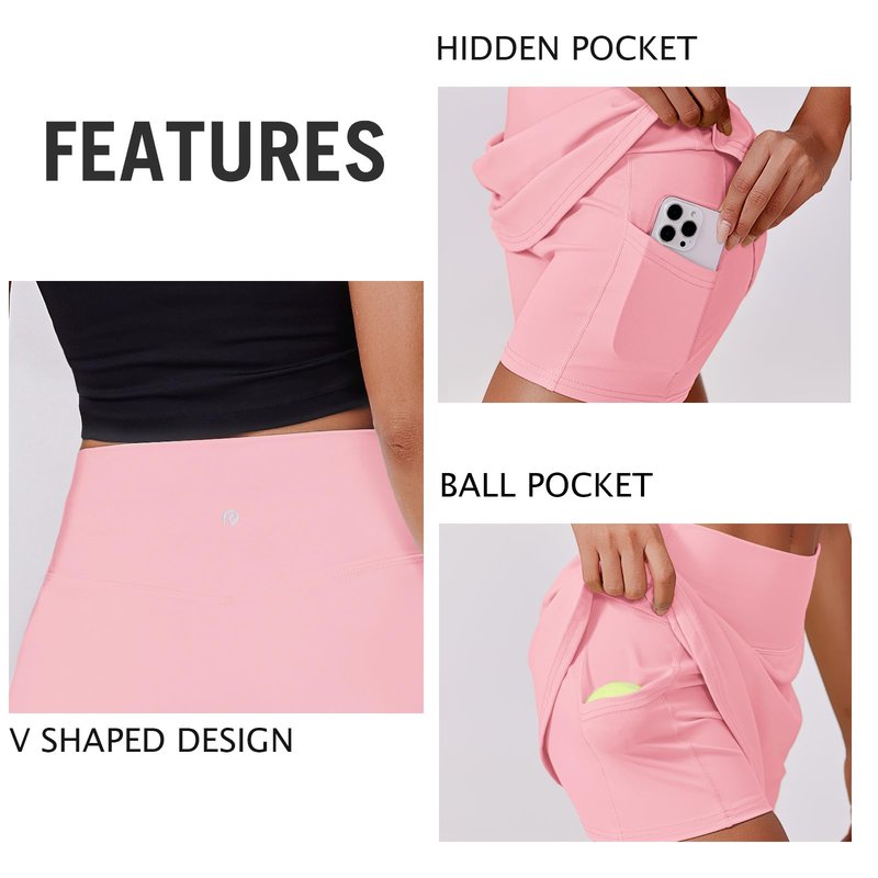 PINSPARK Women Tennis Skirt with Pockets Shorts High Waisted Athletic Golf Skorts Stretchy Workout Sports Skirts, Pink Small
