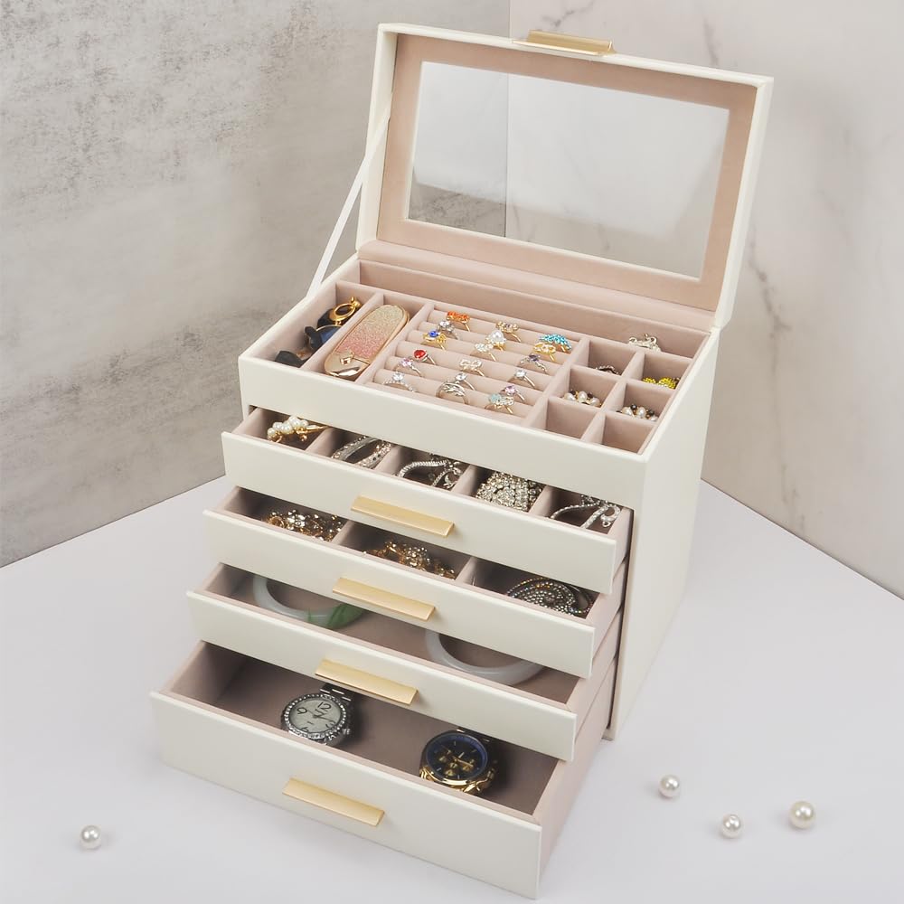 GYJOYERO Jewelry Box with Glass Lid 5 Layers Jewelry Orangizer Women Girls PU Leather Jewellery Hold Storage Large Case 4 Drawers big Jewelry Display GY822 (White)