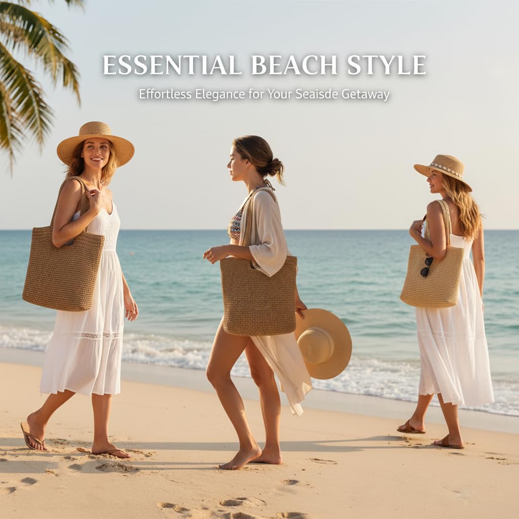 COZYOFFI Straw Beach Tote Bag: Large Summer Boho Woven Bags - Rattan Handmade Shoulder Handbags for Women(Brown)