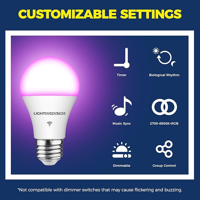 Lightinginside Smart Light Bulbs 60W Equivalent, WiFi Smart Bulb Compatible with Alexa/Google Assistant/Smart Life, A19 E26 RGBCW Color Changing, No Hub Required,2.4G WiFi, ETL Listed, 9W 800LM, 1PC
