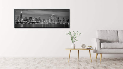 Wieco Art New York Manhattan Night View in Black and White Giclee Canvas Prints Modern Stretched and Framed Art work Cityscape Pictures Paintings on Canvas Wall Art for Bedroom Home Decorations