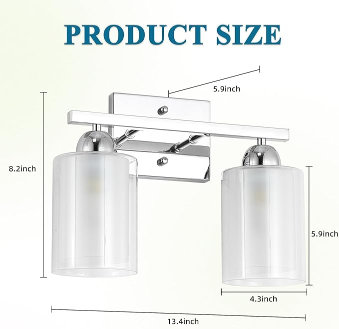 Stainless Steel Bathroom Vanity Light Over Mirror, 2 Light Polished Chrome Bathroom Light Fixtures with Milk Glass and Clear Glass Shades, Modern Vanity Lighting Wall Mount