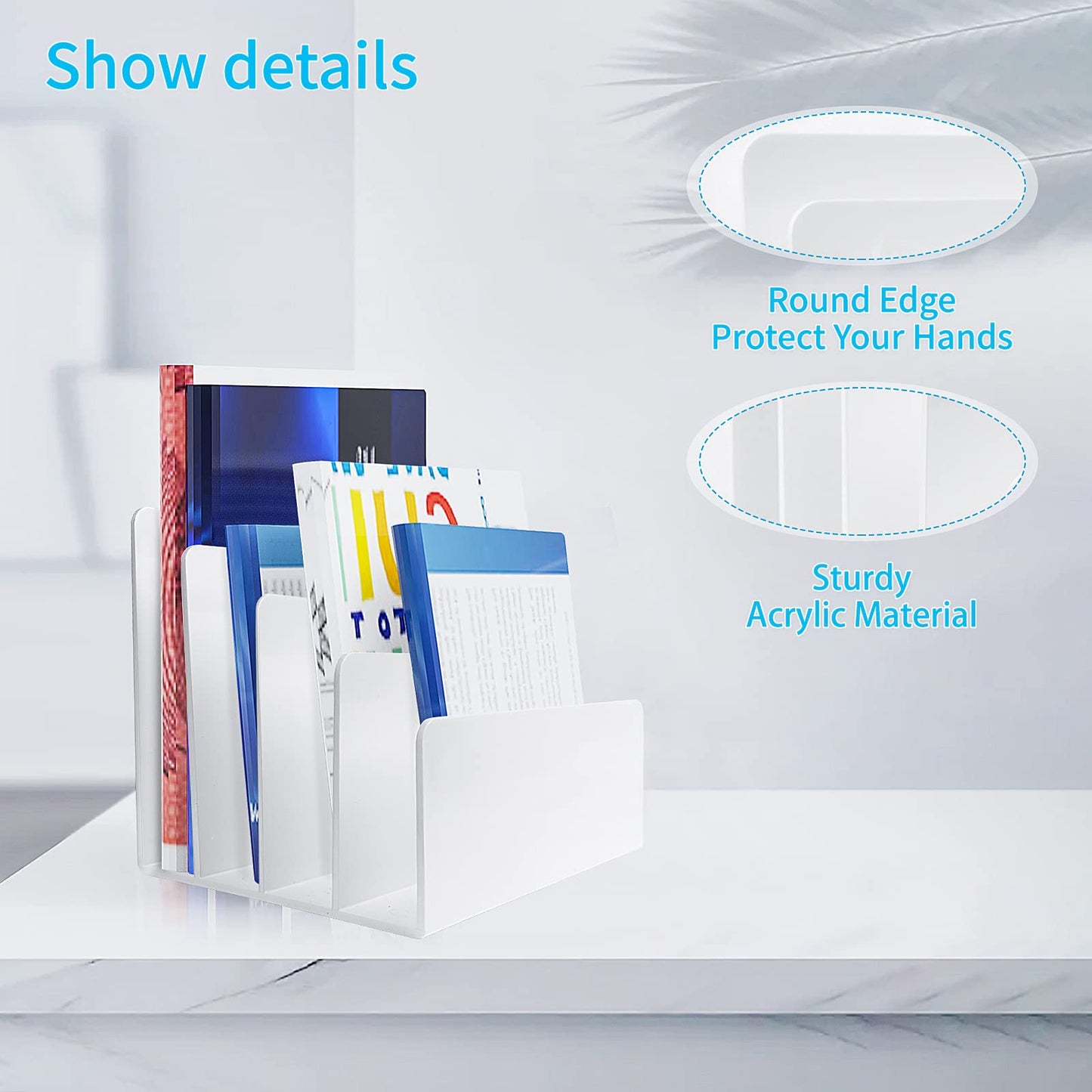 Carooyac White Acrylic File Organizer - 4 Sections Desk Holder Sorter for Office Supplies, Electronics, Notebooks and Mail