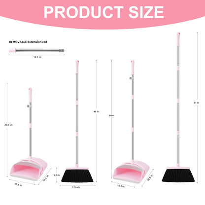 BSKLIN Broom and Dustpan Set for Home, 52” Long Handle Broom with Dustpan Combo Set with Dust Pan Teeth to Clean Hair Sweeping Set for Kitchen Hardwood Floors Pet Hair (Pink)
