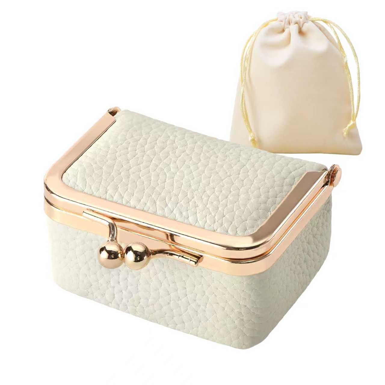 WGO&MJC Genuine Leather Mini Travel Jewelry Box - with Kiss Lock & Coin Purse - for Necklace, Ring, Earrings, Bracelet - Includes Velvet Pouch - Great Gift for Women & Girls (White)