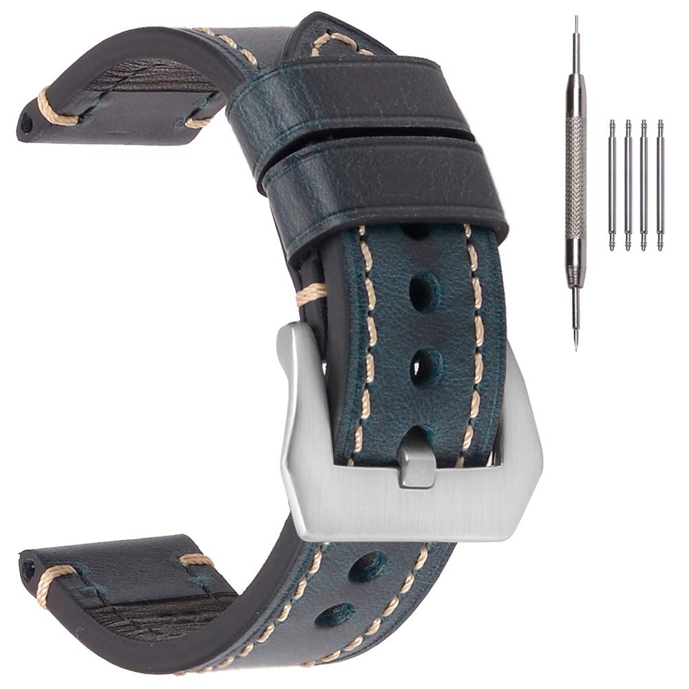 EACHE 26mm Leather Watch Bands Thick Imported Oil Waxed Leather Watch Straps Blue With Silver Buckle