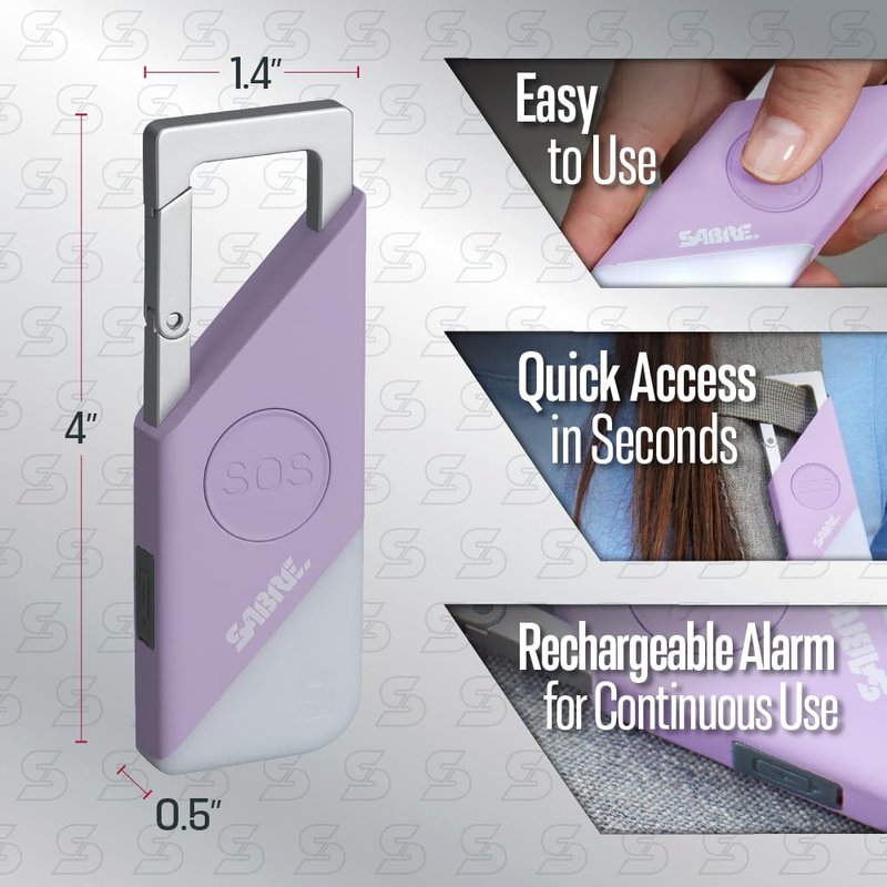 SABRE 2-in-1 Personal Alarm with LED Light & SOS Button, 130dB Siren Heard from 1,800-feet (500-meters), Spring Clip for Easy Carry on Backpacks & Purses, Rechargeable with Charging Cord Included