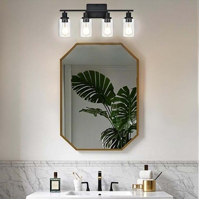 Black Bathroom Light Fixtures Over Mirror,4-Light Bathroom Vanity Light with Clear Glass Shade,Modern Wall Sconces Lighting for Bedrrom,Living Room,Kitchen,Cabinet