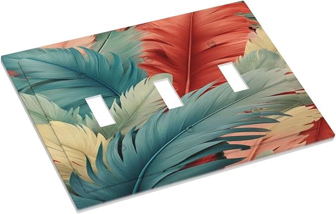 Colorful Feathers Blue Red Light Switch Covers 3 Gang Triple Toggle Wall Plate Decorative Switchplate Electrical Faceplate for Farmhouse Living Decor