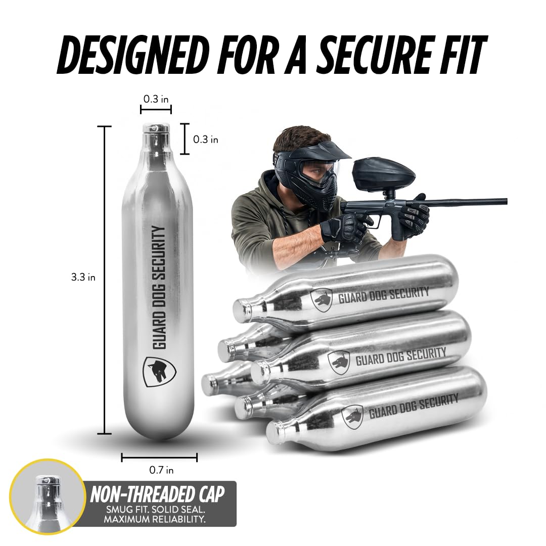 Guard Dog Security 12 Gram Co2 Cartridges, Non-Threaded, CO2 cartridges BB Gun, CO2 BB Pistol, CO2 Airsoft Pistol, and CO2 Paintball Markers, Snug fit, Solid Seal (Pack of 5)