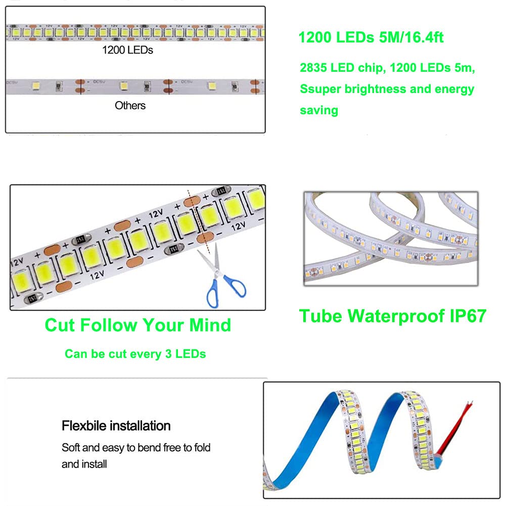 SUYOOULIN LED Strip Lights, SMD 2835 LED Strip, DC12V 1200LEDs 16.4Ft 26000LM High Density LED Light Strips Tube Waterproof IP67, 3 Times Brightness Than SMD3528 LED Strip, Orange