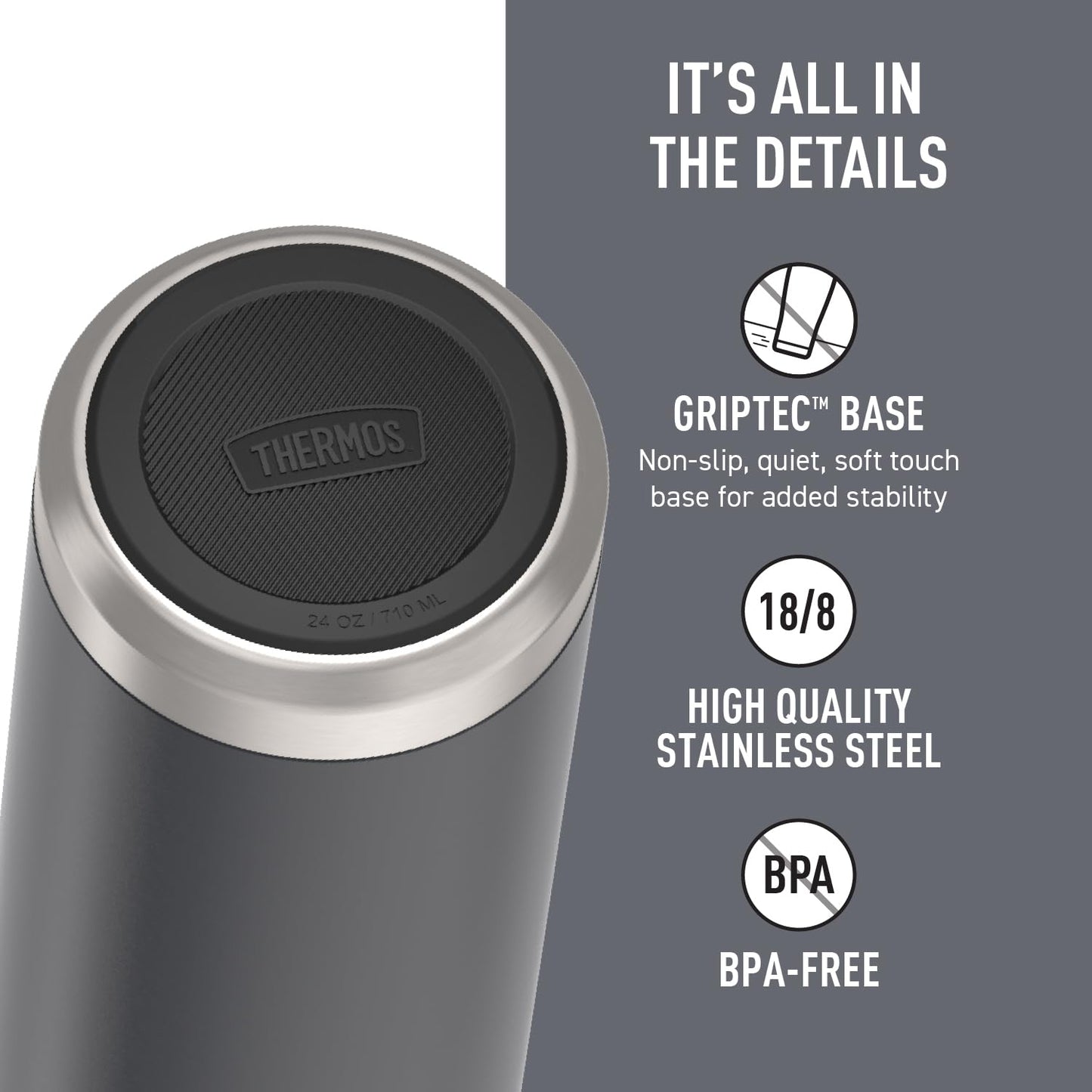 THERMOS ICON SERIES Stainless Steel Water Bottle with Spout - 24 Ounce, Granite - Vacuum Insulated Water Bottle with Lid