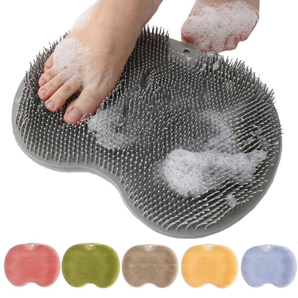 Silicone Shower Foot Scrubber Mat, 2025 New Foot Back Cleaning Pad Back Washer Exfoliating Bath Wash Pad, Shower Foot Scrubber Mat with Non-Slip Suction Cups (Gray)