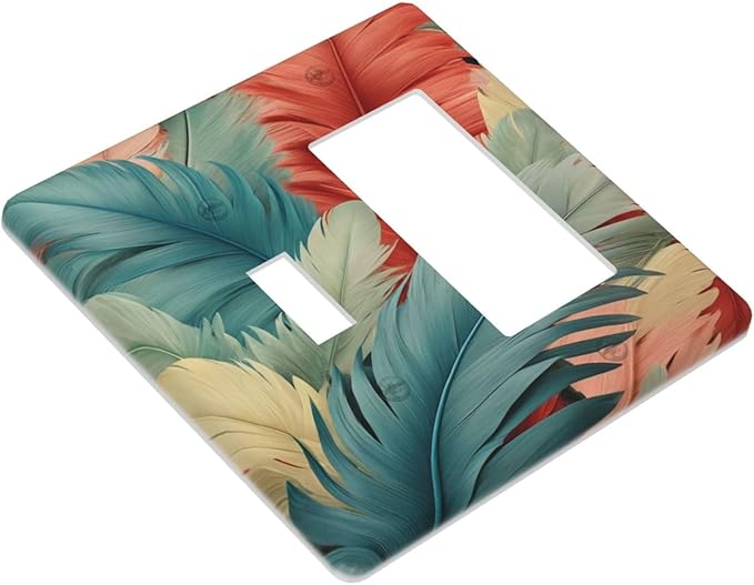 Colorful Feathers, Illustration, Abstract, Botanical, Pattern, Blue Feathers, Red Feathers, Pastel Colors, 2 Gang 1-GFCI 1-Toggle Comb/4.5 x 4.5 IN, PPZCXWP0703
