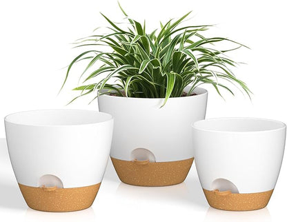 ZMTECH 8/9/10 Inch Self Watering Plant Pots with Watering Lip, Planters with Drainage Holes and Removable Saucer, Plastic Flower Pots for Indoor Outdoor Plants (3 Pack,White)