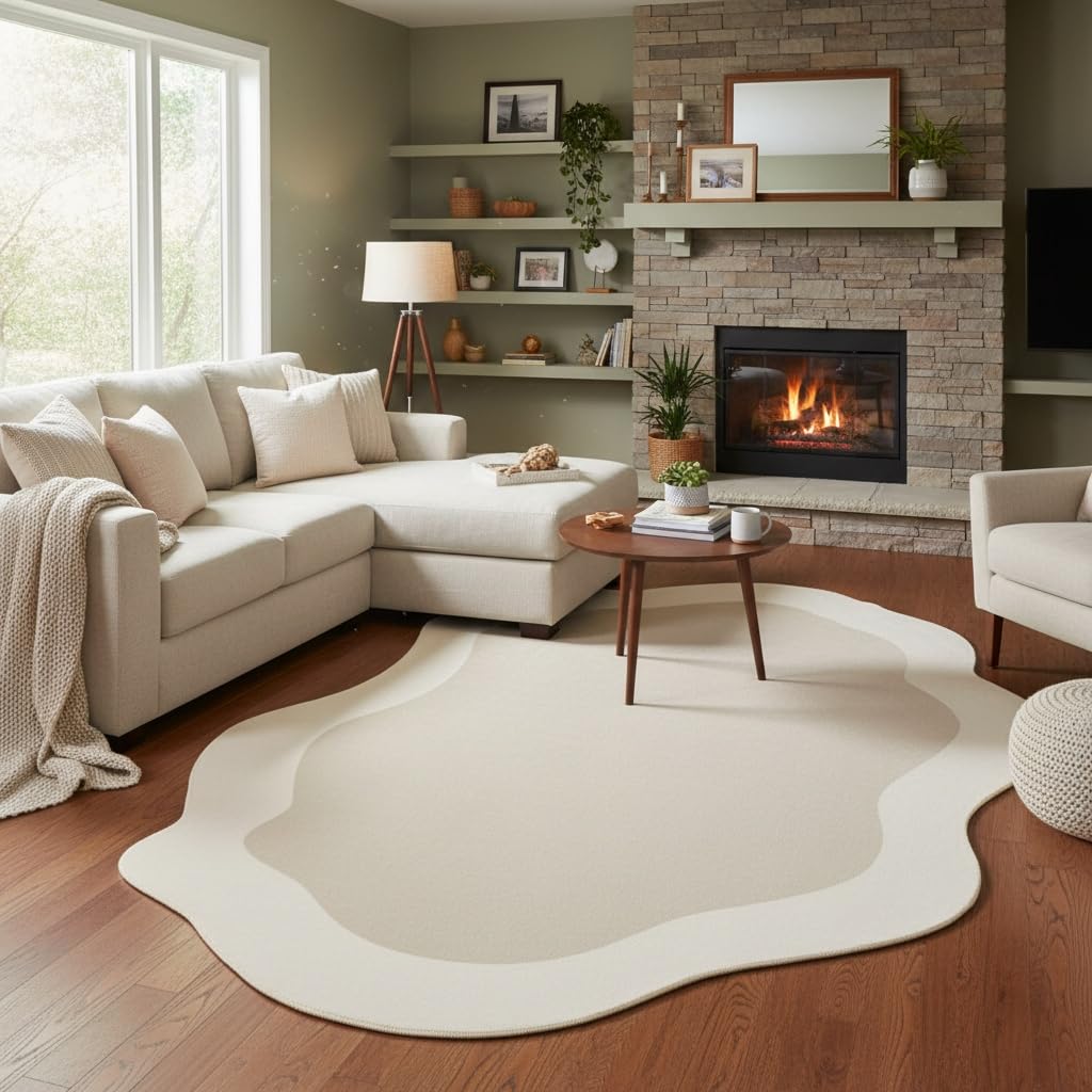 Minimalist Cream Beige Irregular Area Rug 5x8 Modern Abstract Shaped Rugs for Living Room Guestroom Meetingroom Unique Designer Low Pile Washable Carpet Funky Boho Bedroom Home Office Anti Slip Mats