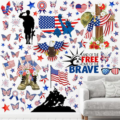 ReliThick 4th of July Wall Stickers Memorial Day Wall Decals Land of The Free Window Clings American Flag Military Soldier Boots Stickers Decor for Independence Day Party Home Office School Decor