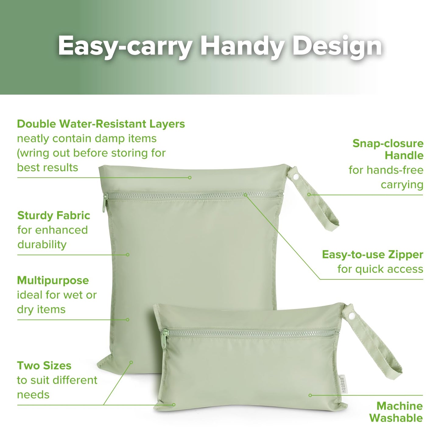 haakaa Waterproof Wet Bags for Baby Wet Dry Bags for Cloth Diaper, Swimsuit & Travel, 2pcs, Grass