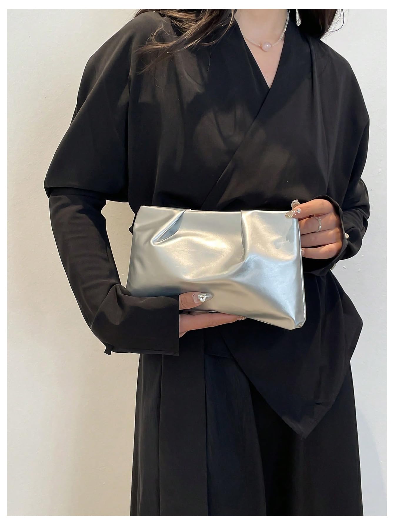 OYOANGLE Women's PU Leather Clutch Purses Small Zipper Ruched Minimalist Handbag Silver One Size