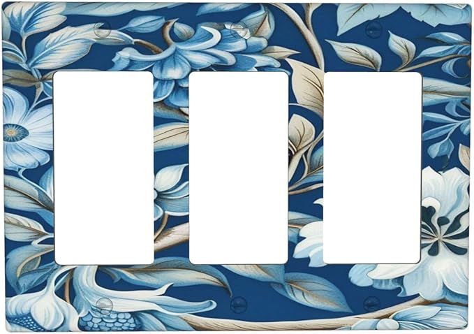 Blue Flowers Branches Leaves Floral Pattern 3 Gang Rocker Triple Outlet Wall Plate Decorative Switchplate Cover Faceplate GFCI Light Switch Covers for Farmhouse Living Decor