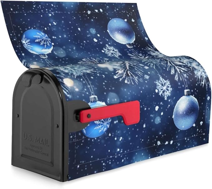 Festive Magnetic Mailbox Cover Blue Ball Christmas Pattern Outdoor Mailbox Protector Holiday Seasonal Decorative Garden Yard Home Large Size 25.5 x 21 Inch
