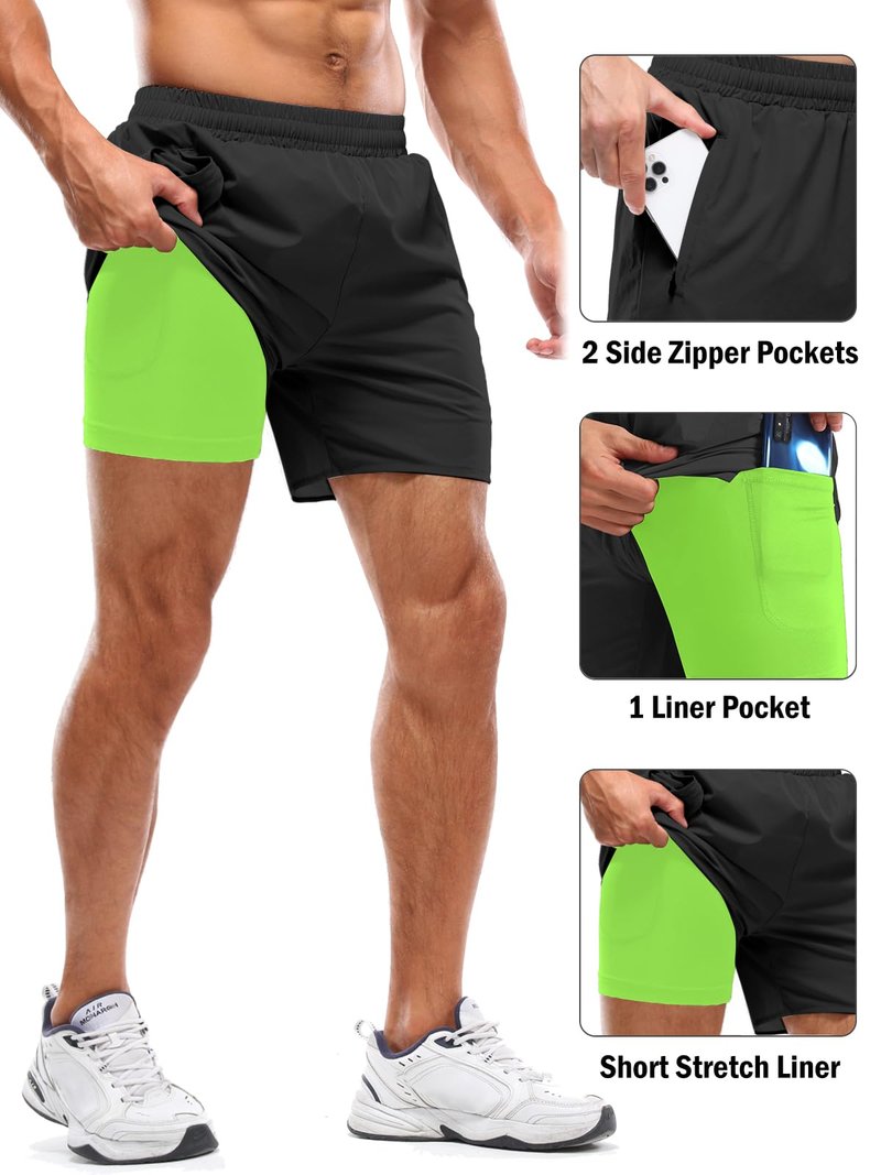 Aolesy Men's Workout Shorts with Liner 5 Inch Quick Dry 2 in 1 Running Shorts for Men Sports Athletic Gym Shorts with Zipper Pockets Black/Green