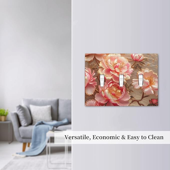 Pink Blooming Flowers Peonies Floral Light Switch Covers 3 Gang Triple Toggle Wall Plate Decorative Switch plate Electrical Faceplate for Farmhouse Living Decor