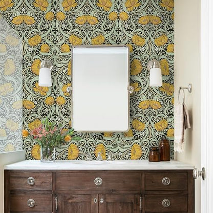 Yellow Boho Floral Wallpaper Peel and Stick Flowers Contact Paper 17.5"¡¿118" - Mid Century Style William Morris Self Adhesive Vinyl Removable Wall Paper for Kitchen Bedroom Renter Friendly Home Decor