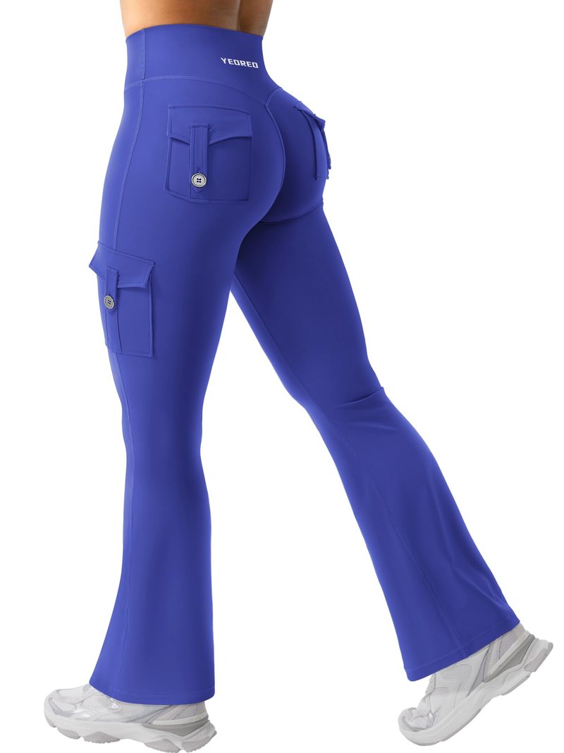 YEOREO CoreFlex Women Workout Flare Leggings with Pockets Scrunch Cargo Gym Yoga Leggings 28" Inseam Dazzling Blue M