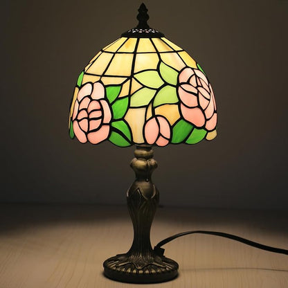 Small Tiffany Table Lamp,3 Color Temperature Pink Rose Stained Glass Table Lamps for Living Room, Dining Room,Bedroom Bedside Nightstand Night Light,W/LED Bulb,8X8X15Inch