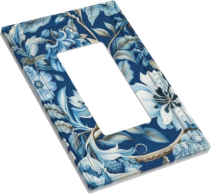 Blue Flowers Branches Leaves Floral Pattern Single Decora Outlet Wall Plate 1 Gang Rocker Decorative Switchplate Faceplate GFCI Light Switch Covers for Home Living Decor