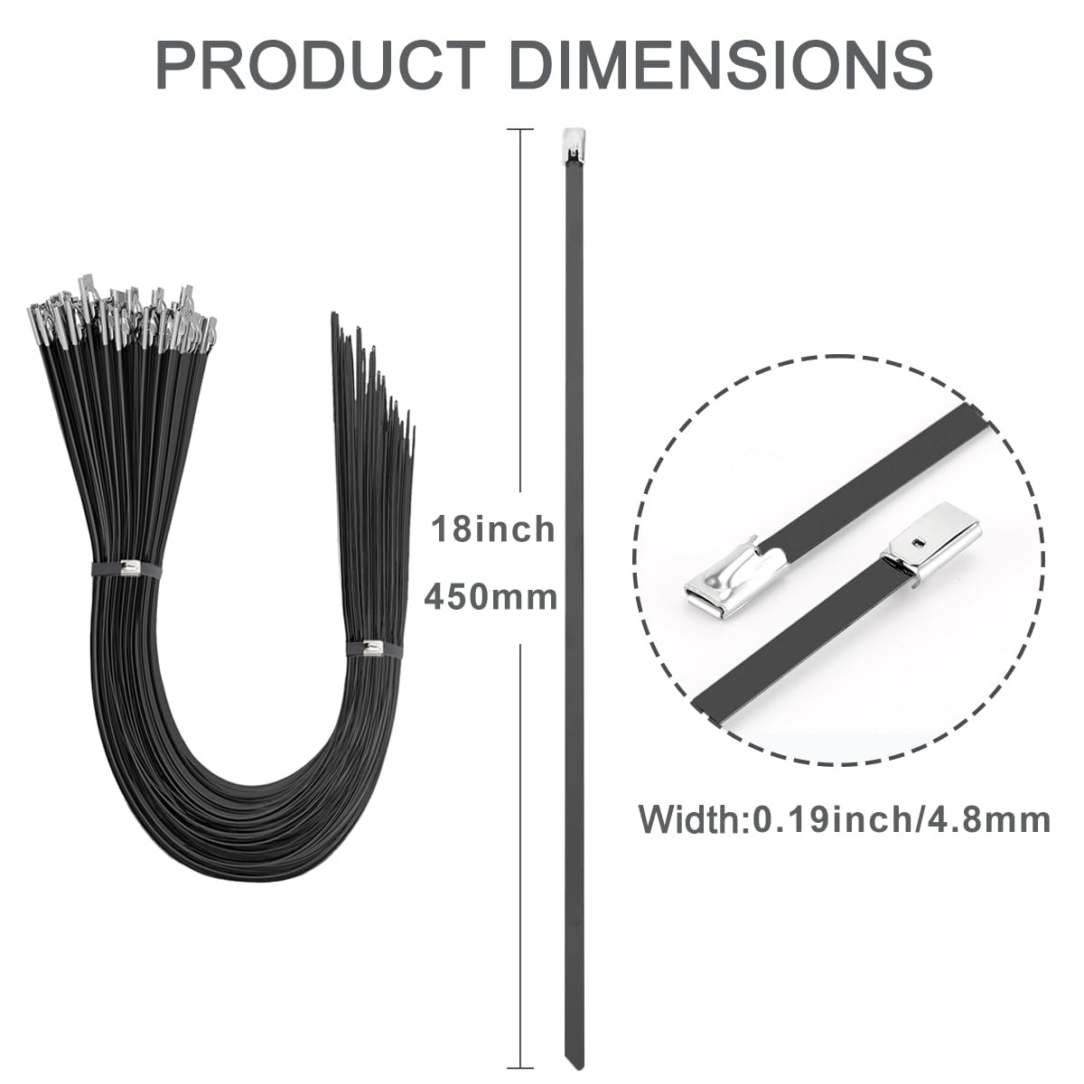 Aroono 100PCS 20inch Heavy Duty 304 Stainless Steel Zip Ties Self Locking, UV Resistant, 135lbs Strength, Black Epoxy Coated for Indoor/Outdoor Use
