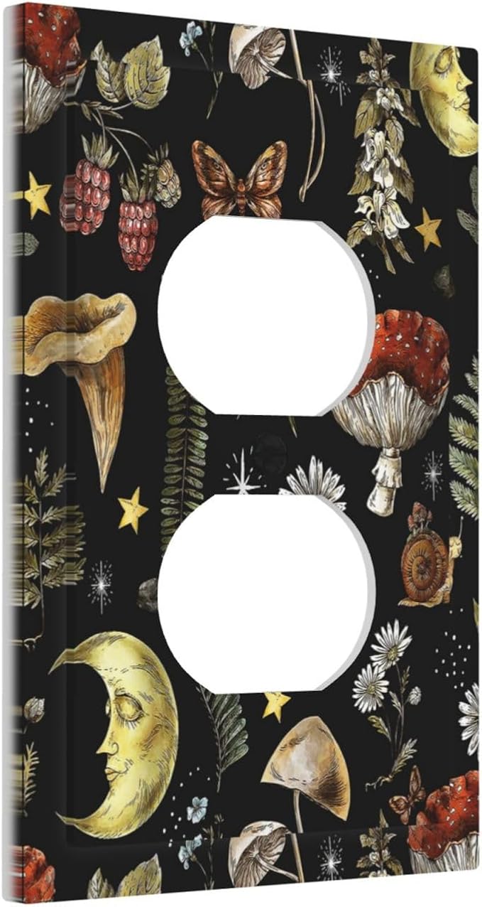 Nature Plant Botanical Daisy Mushroom Snails And Moon 1 Gang Duplex Receptacle Switch Wall Plate Decorative Switchplate Outlet Covers Electrical Plug Cover Faceplate for Home Decor