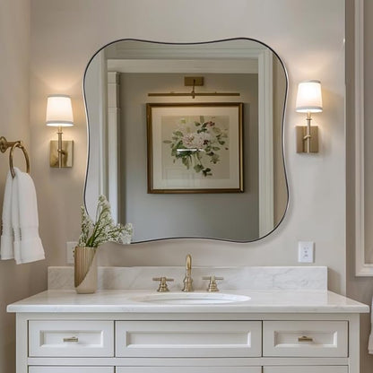 ANDY STAR 30x30 Inch Brushed Nickel Bathroom Mirror,Square Scallope Mirror with Unique Notched Edges Design in 1 Inch Stainless Steel Metal Frame Wall Mounted Mirror for Home Bathroom